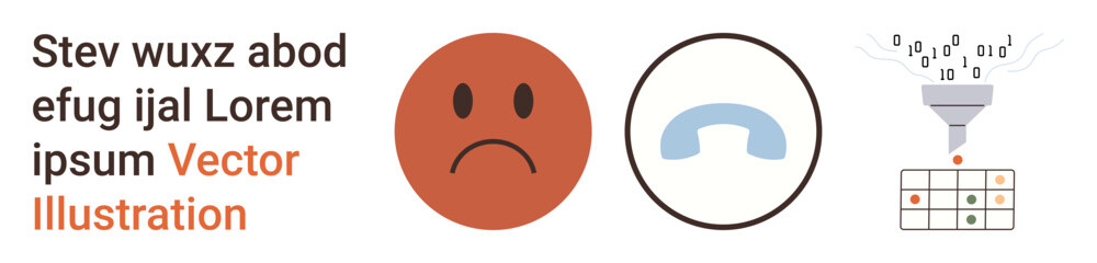 Communication, data processing, information filtering, emotional expression, technology concepts, digital systems. Sad emotion face, blue phone icon data funnel to a table. Communication and data