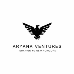 Black silhouette of an eagle with outstretched wings above the text 'ARYANA VENTURES SOARING TO NEW HORIZONS' on a white background, representing a business logo.