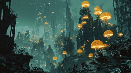 Underwater Cityscape with Bioluminescent Jellyfish - A Surreal Dreamscape.