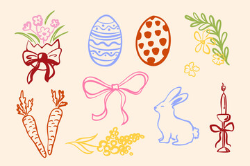 Hand drawn Easter set with decorative eggs, flowers, a rabbit, candle, carrots, and bows. Soft pastel colors and simple doodle style. Vector illustration.