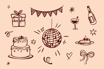 Hand drawn party element set with disco ball, cake, champagne, wine glass, bows, and festive decorations. Perfect for celebration designs, invitations, and textile. Vector illustration.