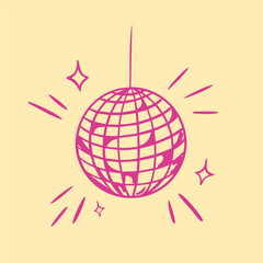 Hand drawn disco ball element in a simple doodle style with sparkles and rays. Perfect for retro design, print, and trendy decorative elements. Vector illustration.
