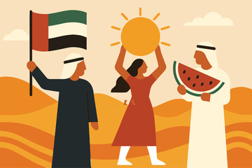 UAE March Equinox, United Arab Emirates seasonal, spring season, flat design, stylized desert, abstract sun, seasonal artwork, holiday illustration, simplified figures, clean composition, crisp edges,