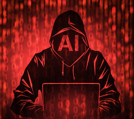 Cybersecurity monitoring confronts an AI-driven hacker figure using a laptop amid binary code, highlighting digital threats, data breaches, and advanced cybercrime risks.