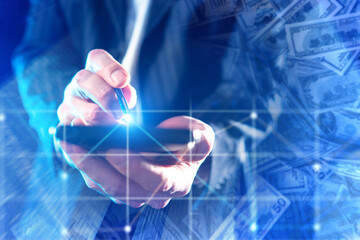 Financial technology specialist manages digital payments on a mobile device, analyzing online transactions and monitoring electronic money flows in a secure fintech environment.