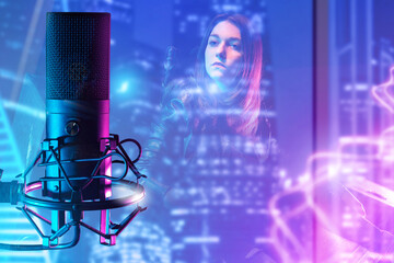 Audio production specialist records voice tracks in a studio, working with a condenser microphone and digital sound effects to create professional vocal content.