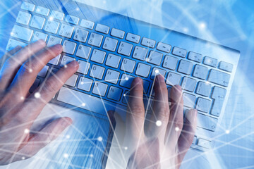 Software developer writes code on a keyboard, working with digital data flows and network structures to build applications, automate processes, and improve system functionality.