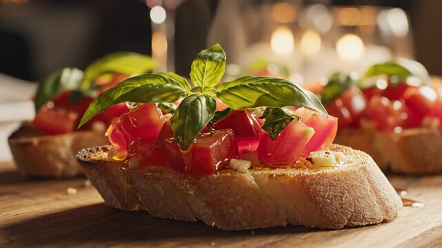 Sliced tomatoes and basil leaves sit atop toasted bread on a wooden surface, bokeh background