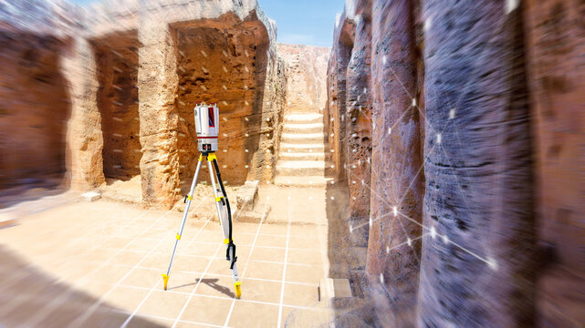 Archaeological surveying captures 3D scans of ancient ruins using a laser scanner to document structures, map excavation areas, and preserve historical site geometry.