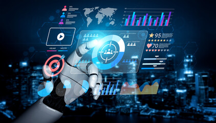 A robotic hand interacts with digital data and analytics in a futuristic setting, illustrating the blend of advanced technology and urban innovation for insightful decision-making. Gantry