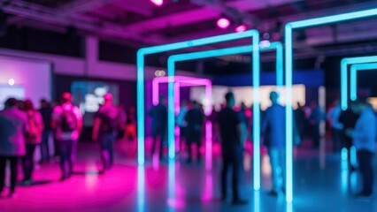 Blurred event space with people mingling amidst glowing neon blue and pink geometric light frames, modern