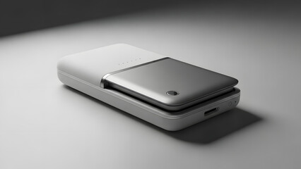 Foldable smartphone or compact tech device with sleek white and silver design, partially open on a minimal background.