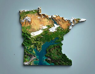Elevated geographical map of a state showing varied terrains and waterways in relief