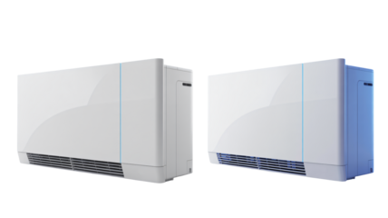 Two modern white indoor air conditioning units displayed against a stark for product visualization