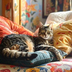 Cat resting luxuriously on patterned pillows