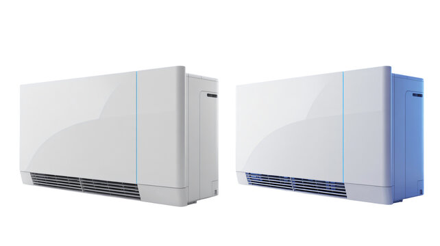 Two modern white indoor air conditioning units displayed against a stark for product visualization