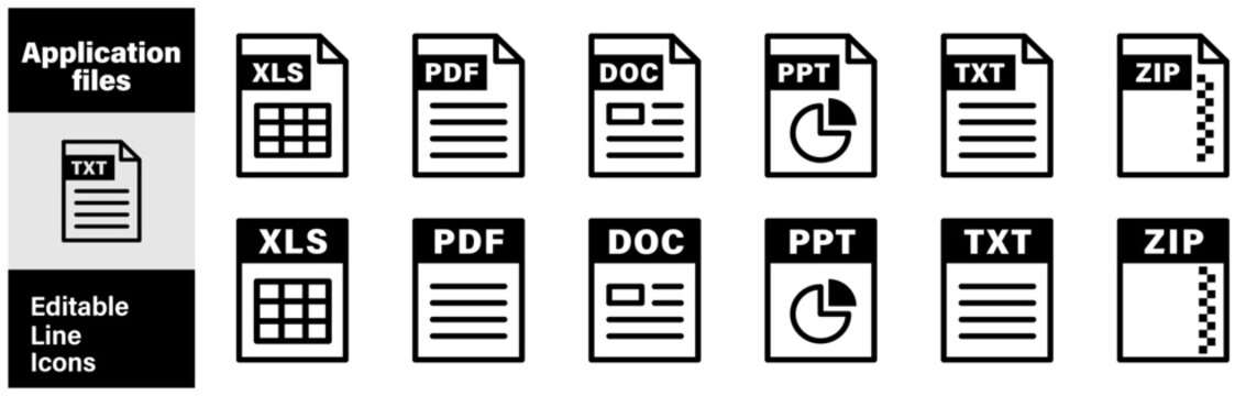 ソフトウェアやドキュメントの編集可能な書類データ線画アイコンセット白黒