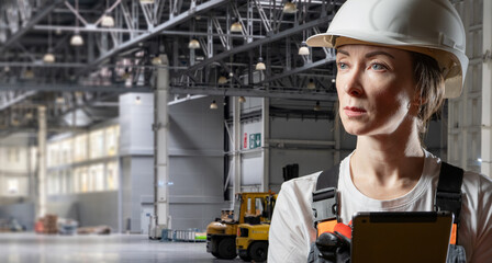 Industrial facility supervisor evaluates operational tasks using a tablet, overseeing equipment, workflow and safety conditions inside a large production hall.