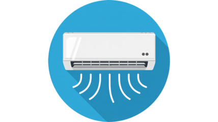 Simple flat design icon representing a white wall mounted air conditioner unit blowing cool air inside a circle