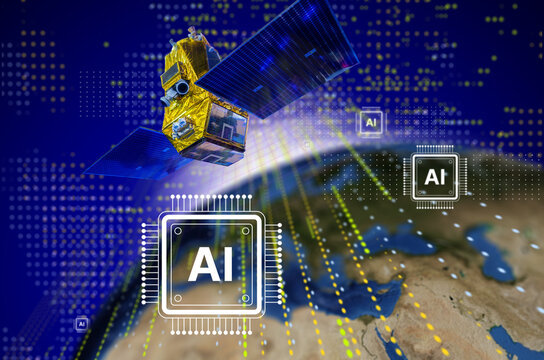 Satellite data processing concept shows AI systems enhancing orbital communication and Earth observation, integrating smart analytics with space technology.