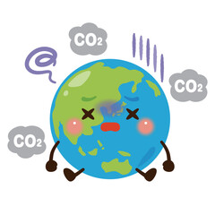 Naklejka premium 温室効果ガスに悩む地球のキャラクターイラスト／Cute Earth Character Illustration Troubled by Greenhouse Gases