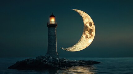 Lighthouse and Crescent Moon at Night - A Beacon of Hope.