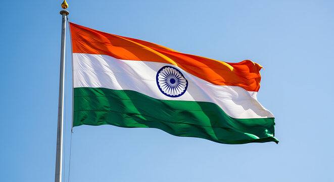Republic Day, 26th January, Independence Day, 15th August, India, Indian Flag waving against Blue Sky - Powered by Adobe