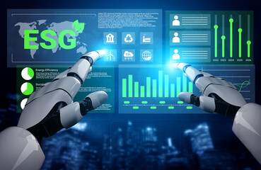 A digital image showcasing robotic hands interacting with data visualization elements representing environmental, social, and governance metrics, ideal for sustainability concepts. Gantry