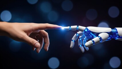 A human hand and robotic hand almost touch, glowing blue, symbolizing technology, connection, and the future