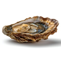 An isolated open oyster on a white background displays its creamy texture and intricate details in a close up studio shot, ideal for food blogs.