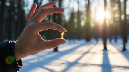 Hand holding glowing yellow capsule against sunlit snowy winter forest with long shadows and sunflare