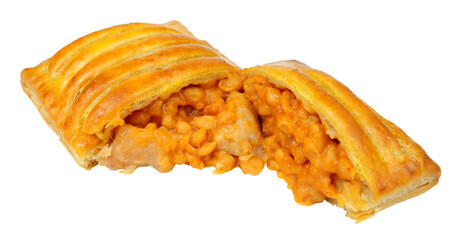 Sausage and baked bean cheese melt baked slices in crispy puff pastry isolated on a white background
