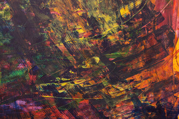 Abstract vivid colorful brush stroke patterns blend together to form a dynamic textured artistic grunge styled painted background	