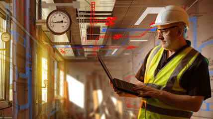 HVAC engineering inspector evaluates ventilation and pipeline schematics on a laptop, checking system parameters and planning building installations.