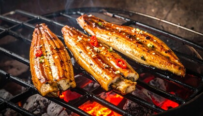 Close-up of grilled, glazed seafood on a hot charcoal grill