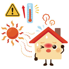 暑がる家のキャラクターイラスト／Cute House Character Illustration Feeling Hot