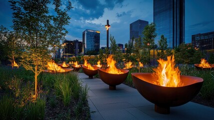 Urban Oasis - Fire Pits Glow in Downtown Park at Dusk.