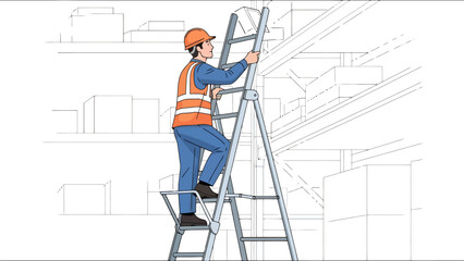 Warehouse Worker Climbs Ladder to Access Shelving and Inventory Safety Gear Included