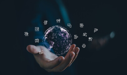 Digital marketing business concept, businessman with Ecommerce market strategy, SEO, advertising plan, AI technology analysis economic trend, global business search engine.