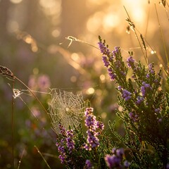 Close-up of morning dew on spiderweb, heather, and sunlit grasses