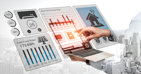 A person interacts with a futuristic technology interface showcasing smart home data and energy analytics on a laptop amid an urban landscape. Gantry