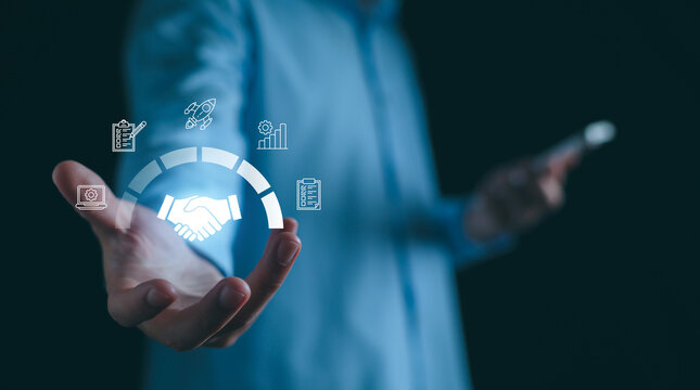 Businessman manage digital procurement process with business contract, invoice, approval documents, representing B2B sourcing, vendor management, supply chain, e-procurement.