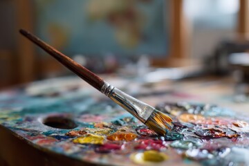 Close-up of paintbrushes resting on a messt table inside a studio, showcasing creativity, craftsmanship, and the artistic process.