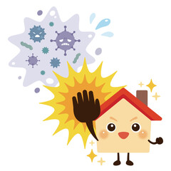 ウイルスをはじき返す元気な家のキャラクターイラスト／Energetic Cute House Character Illustration Repelling Viruses