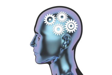 Human Head with Gears in Metallic Blue Color with Futuristic Lighting on White Background for Technology