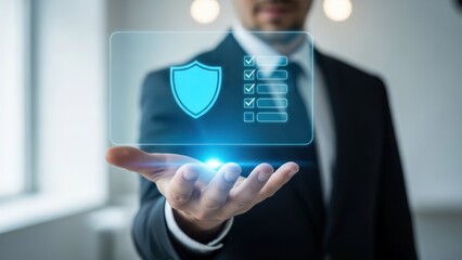 Businessman holds glowing digital interface with security shield and checklist, symbolizing protection