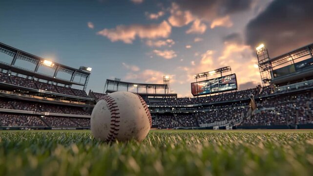 Close-Up Baseball on Field With Stadium Lights