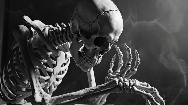Skeletal figure pensively posed in monochrome, with misty background, illuminated by a somber light