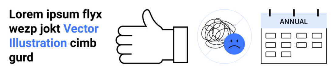 Feedback evaluation, mental health awareness, planning, annual assessment, decision making, personal development. Thumbs up icon, sad face with scribble annual calendar. Feedback evaluation