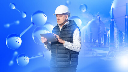 Hydrogen energy engineer analyzes production data on a tablet, overseeing storage systems, monitoring molecular processes and supporting clean-fuel industrial operations.